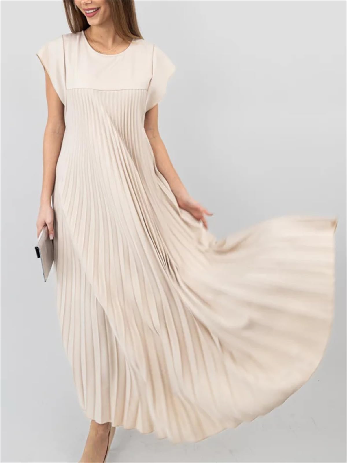 Women's Cap Sleeve Pleated Flowy Maxi Dress (Buy 2 Free Shipping)