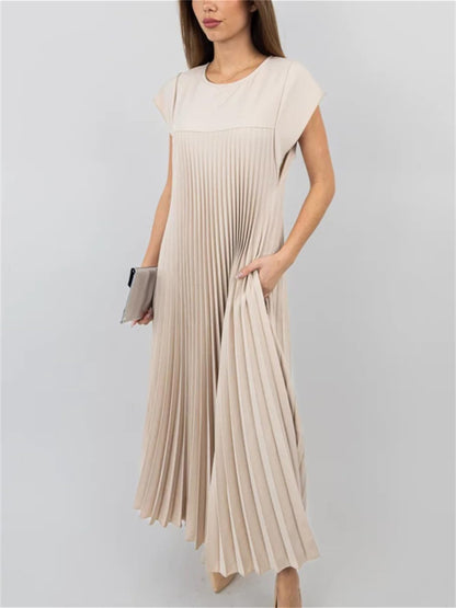 Women's Cap Sleeve Pleated Flowy Maxi Dress (Buy 2 Free Shipping)