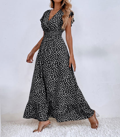 Print Ruffle Sleeve V Neck Maxi Dress