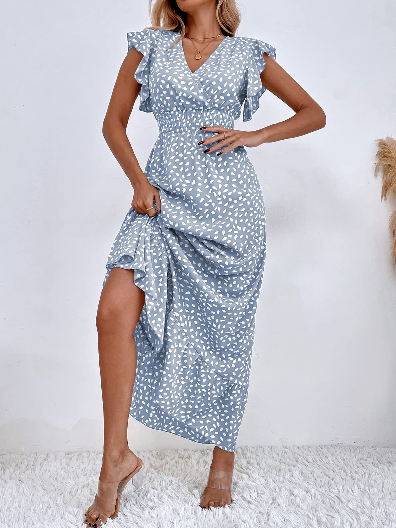 Print Ruffle Sleeve V Neck Maxi Dress