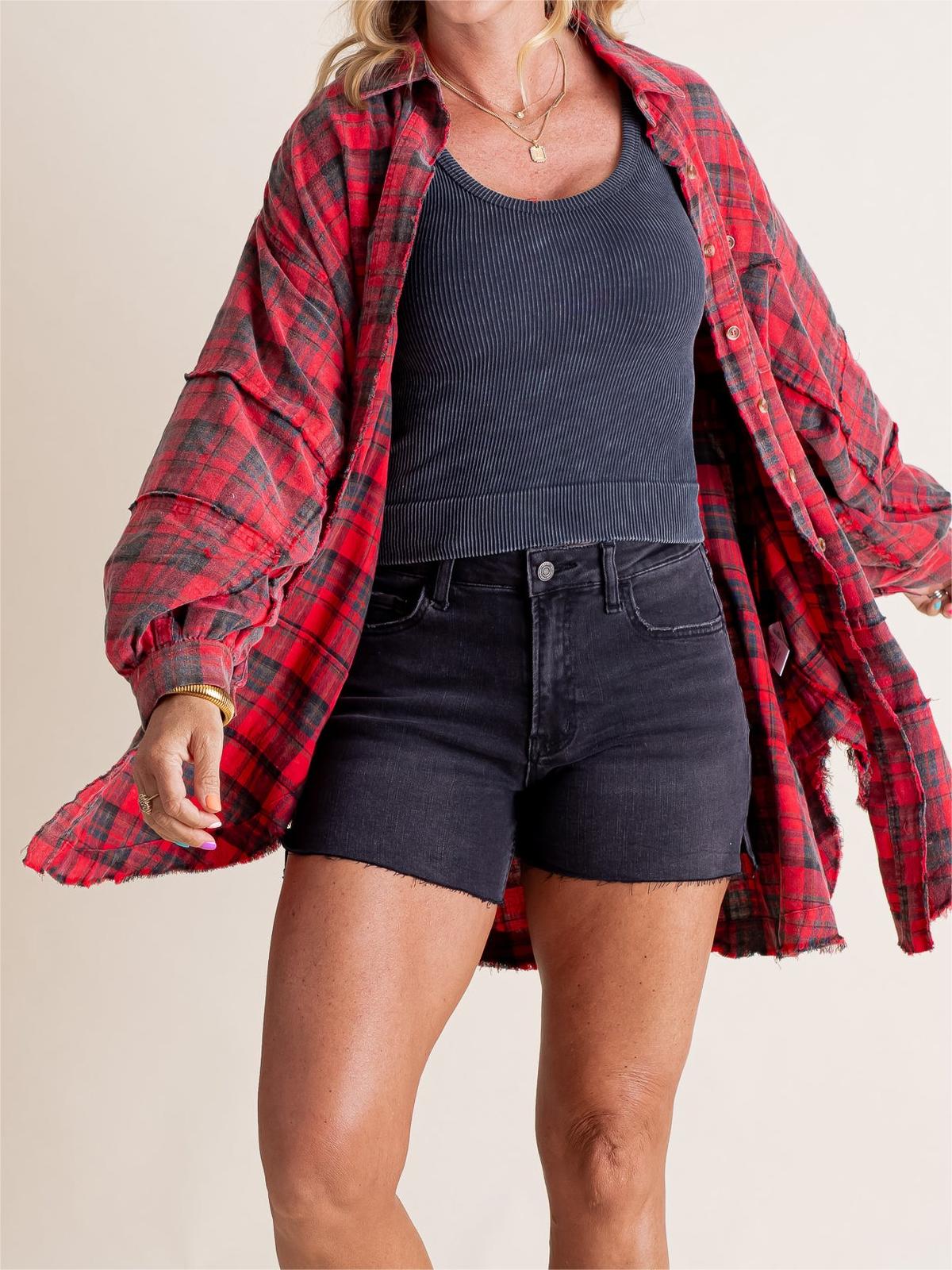 Women's Mineral Washed Button Down Plaid Shirt (Buy 2 Free Shipping)