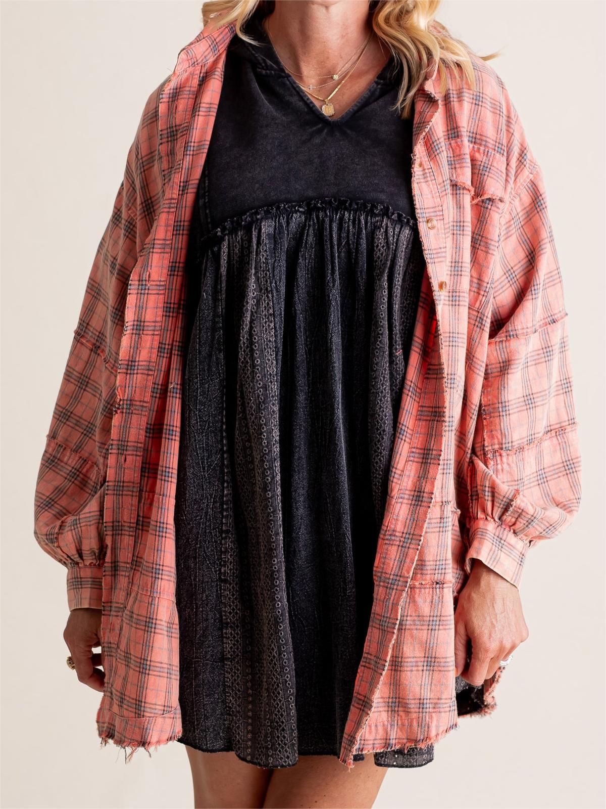 Women's Mineral Washed Button Down Plaid Shirt (Buy 2 Free Shipping)