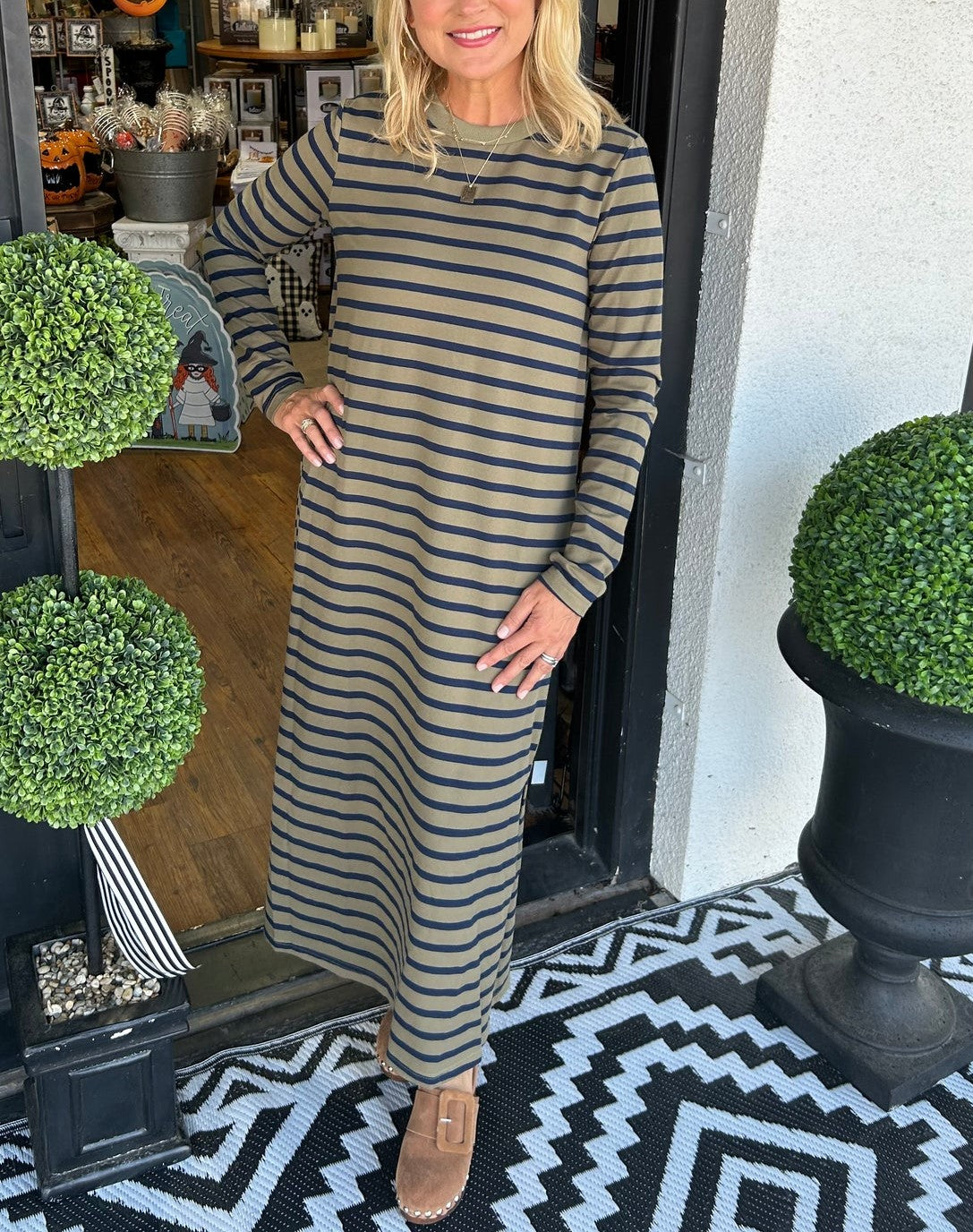 Women's Long Sleeve Side Slit Striped Maxi Dress (Buy 2 Free Shipping)