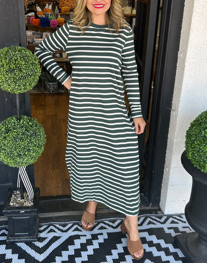 Women's Long Sleeve Side Slit Striped Maxi Dress (Buy 2 Free Shipping)