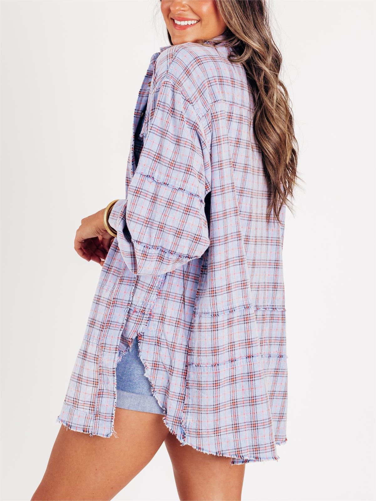 Women's Mineral Washed Button Down Plaid Shirt (Buy 2 Free Shipping)