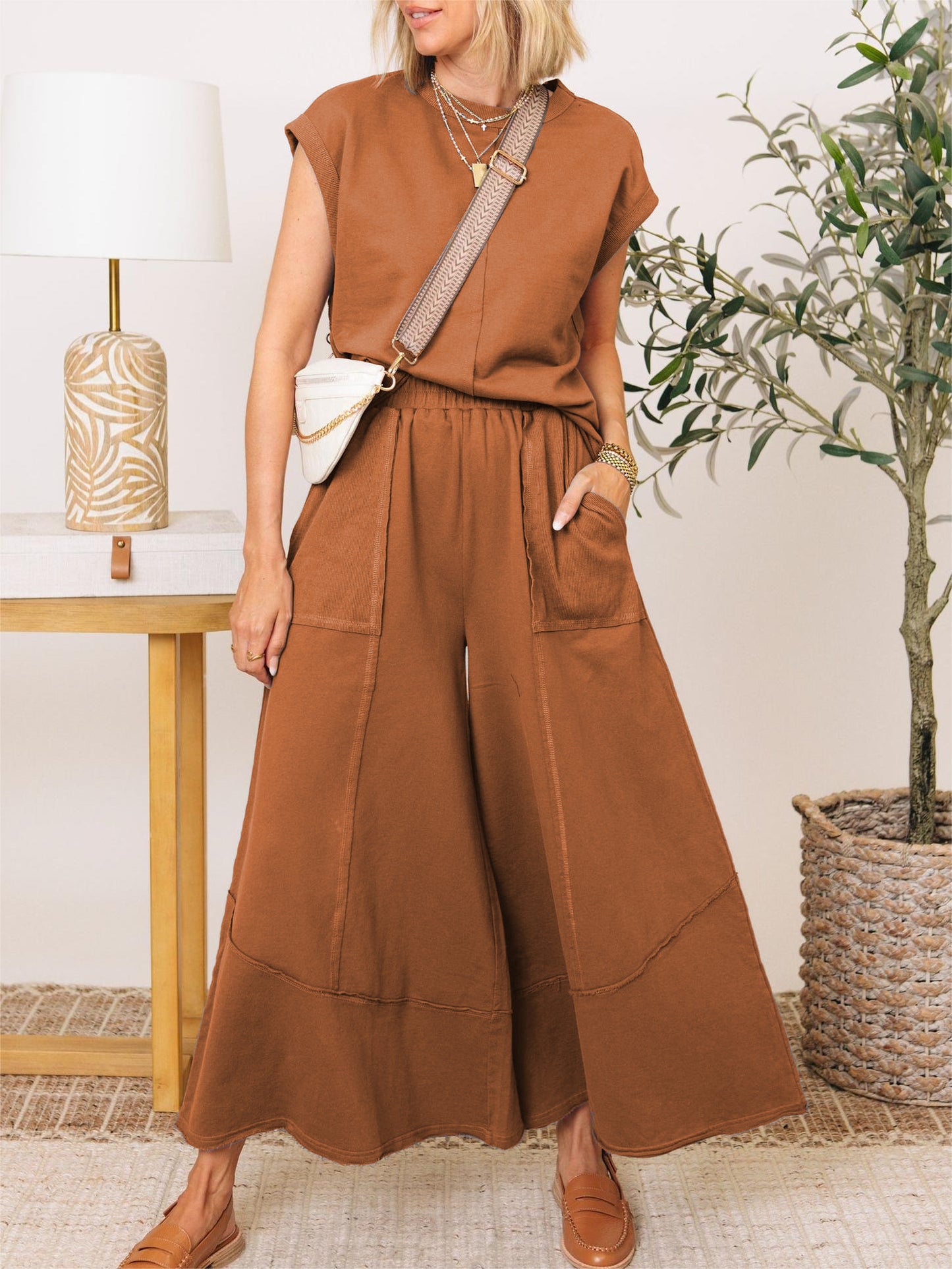 Clean Lines Top & Wide Leg Pants Set (Buy 2 Free Shipping)