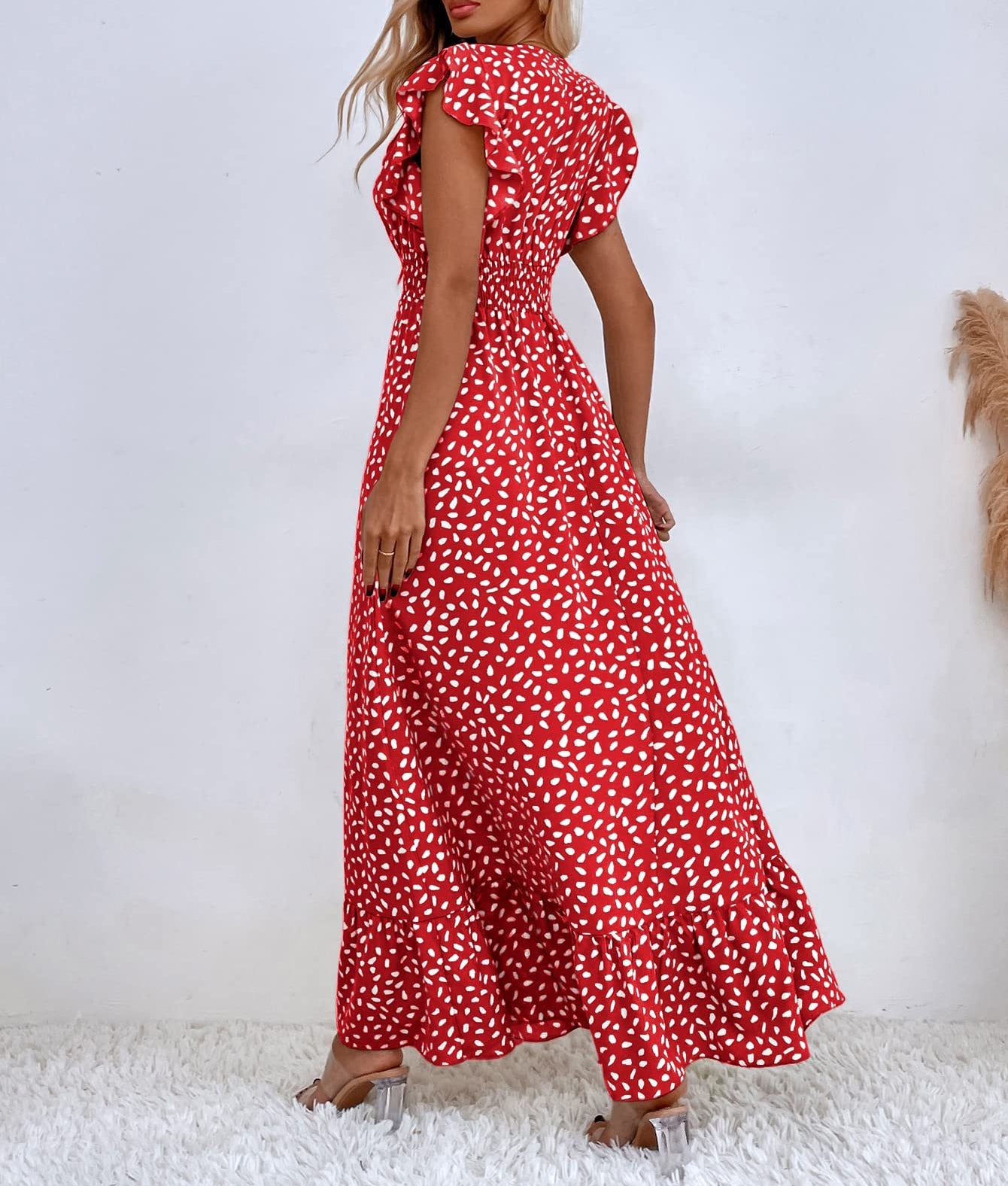 Print Ruffle Sleeve V Neck Maxi Dress