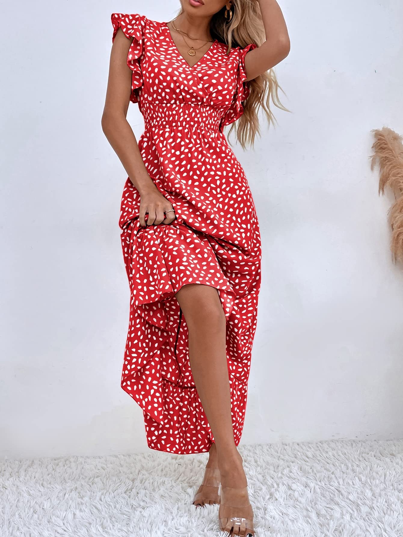 Print Ruffle Sleeve V Neck Maxi Dress