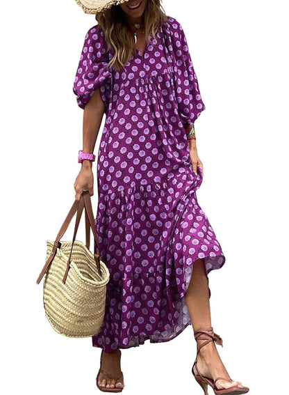 Women's Puff Sleeve Floral Boho Maxi Dress (Buy 2 Free Shipping)