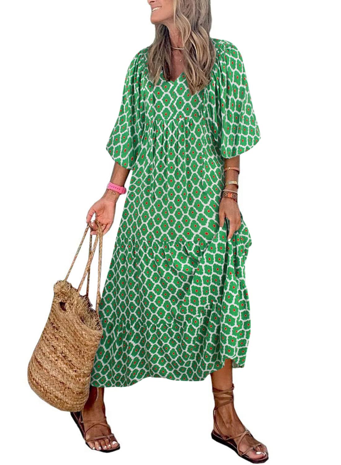 Women's Puff Sleeve Smocked Ruffle Boho Maxi Dress (Buy 2 Free Shipping)