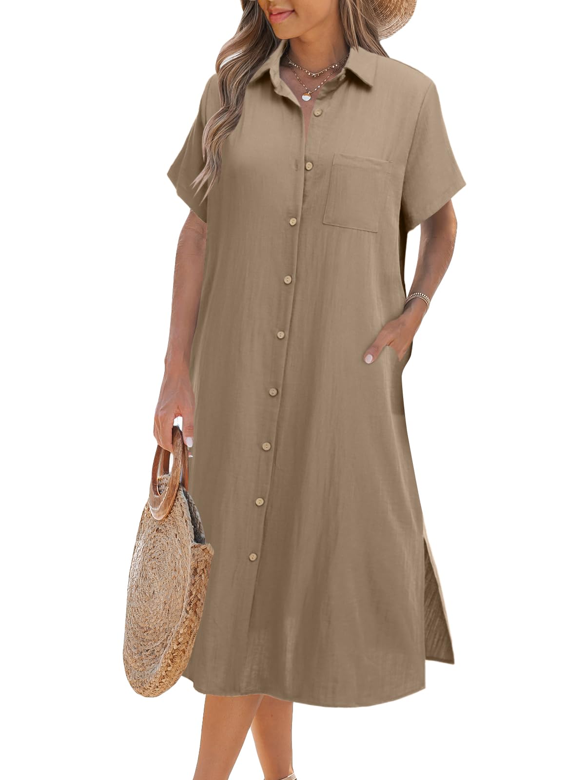 Women's Short Sleeve Button Shirt Dress (Buy 2 Free Shipping)