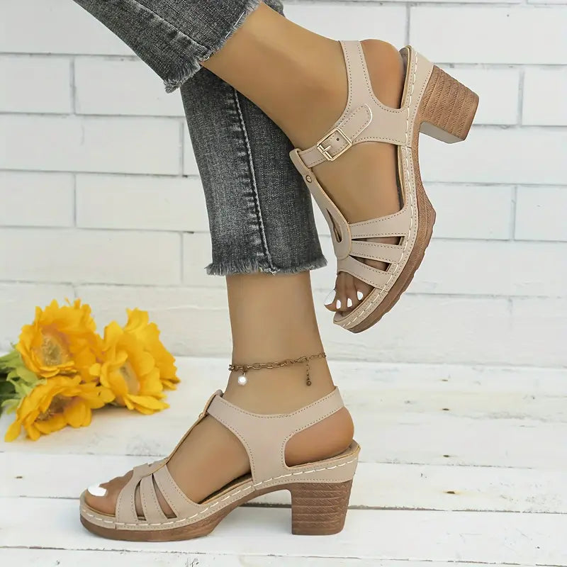 Women's Solid Color Stylish Sandals, Summer T-Strap High Heels, Casual One-Strap Non-Slip Chunky Heels