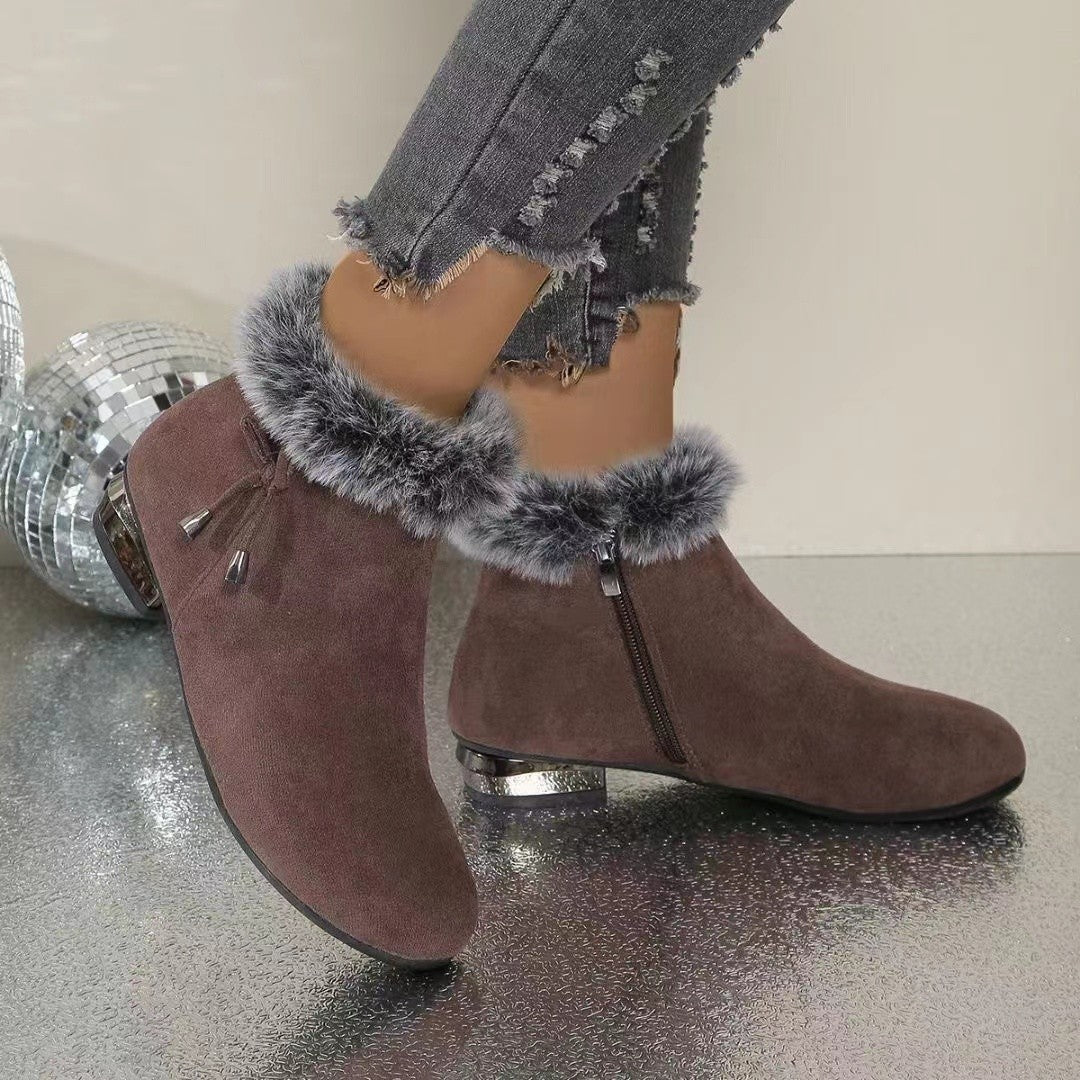 Women's Chunky Heel Short Casual Side Zipper Plush Lined Boots