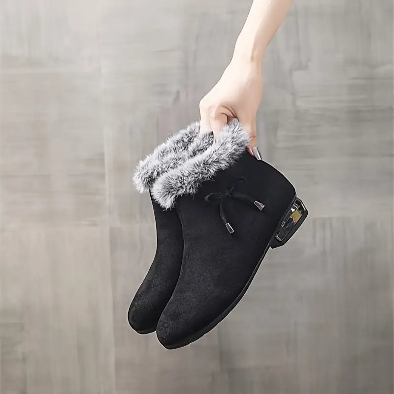 Women's Chunky Heel Short Casual Side Zipper Plush Lined Boots