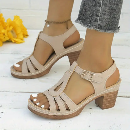 Women's Solid Color Stylish Sandals, Summer T-Strap High Heels, Casual One-Strap Non-Slip Chunky Heels