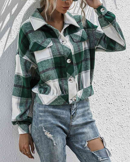 Women's Flannel Plaid Button Down Cropped Jacket (Buy 2 Free Shipping)