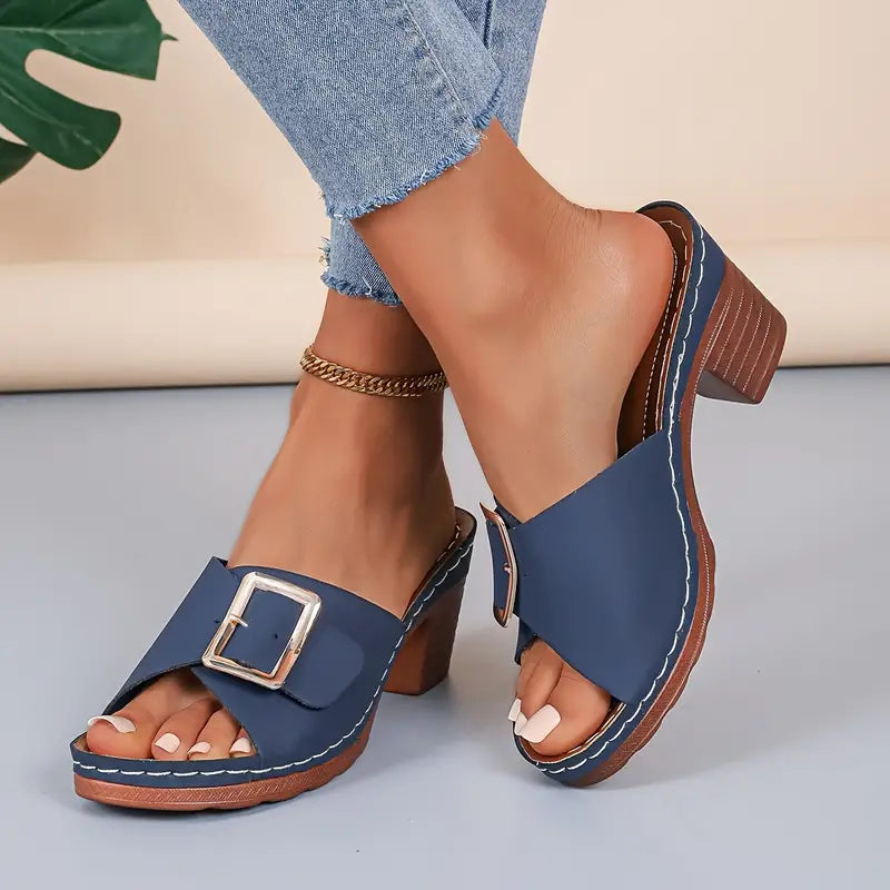 🔥LAST DAY 60% OFF -Women's Solid Color Stylish Sandals, Slip On Soft Sole Chunky Heel Slides, Buckle Band Versatile Slides