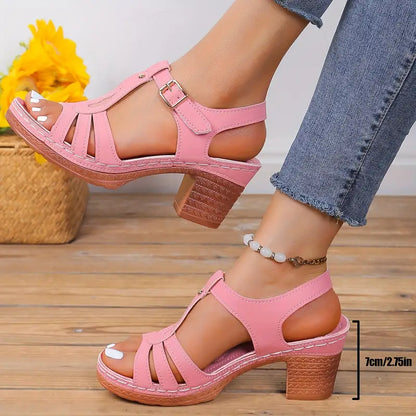 Women's Solid Color Stylish Sandals, Summer T-Strap High Heels, Casual One-Strap Non-Slip Chunky Heels