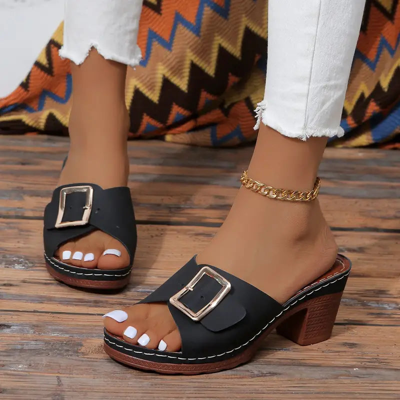 🔥LAST DAY 60% OFF -Women's Solid Color Stylish Sandals, Slip On Soft Sole Chunky Heel Slides, Buckle Band Versatile Slides