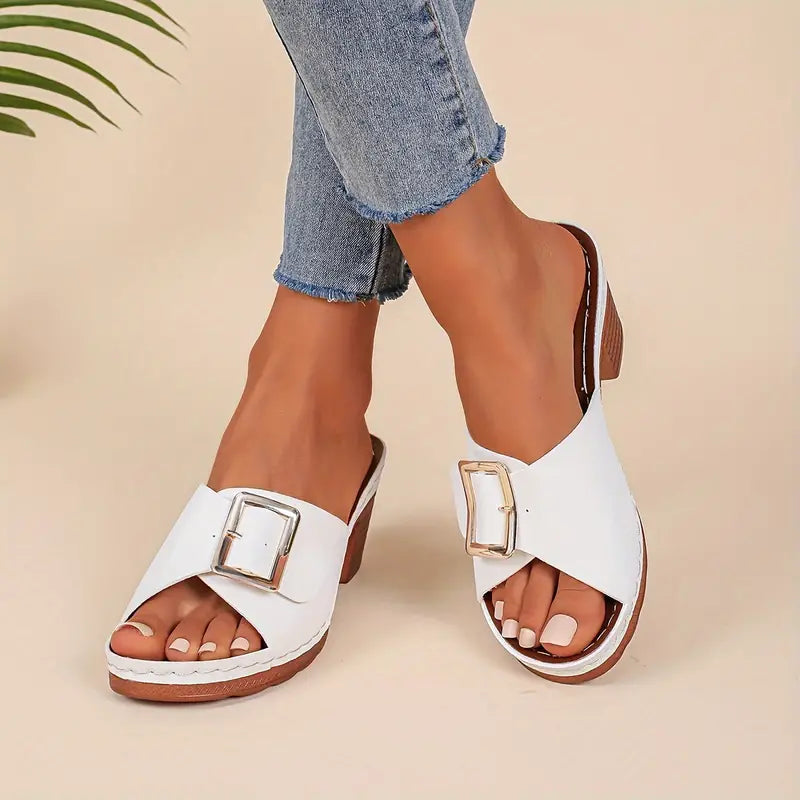 🔥LAST DAY 60% OFF -Women's Solid Color Stylish Sandals, Slip On Soft Sole Chunky Heel Slides, Buckle Band Versatile Slides