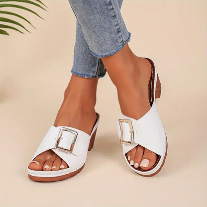 🔥LAST DAY 60% OFF -Women's Solid Color Stylish Sandals, Slip On Soft Sole Chunky Heel Slides, Buckle Band Versatile Slides