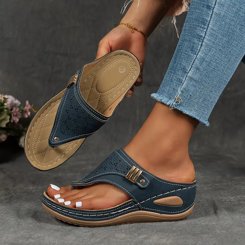 Women's Wedge Flip Flops, Comfy Hollow Arch Support Outdoor Slide Sandals, All-Match Soft Sole Slide Shoes