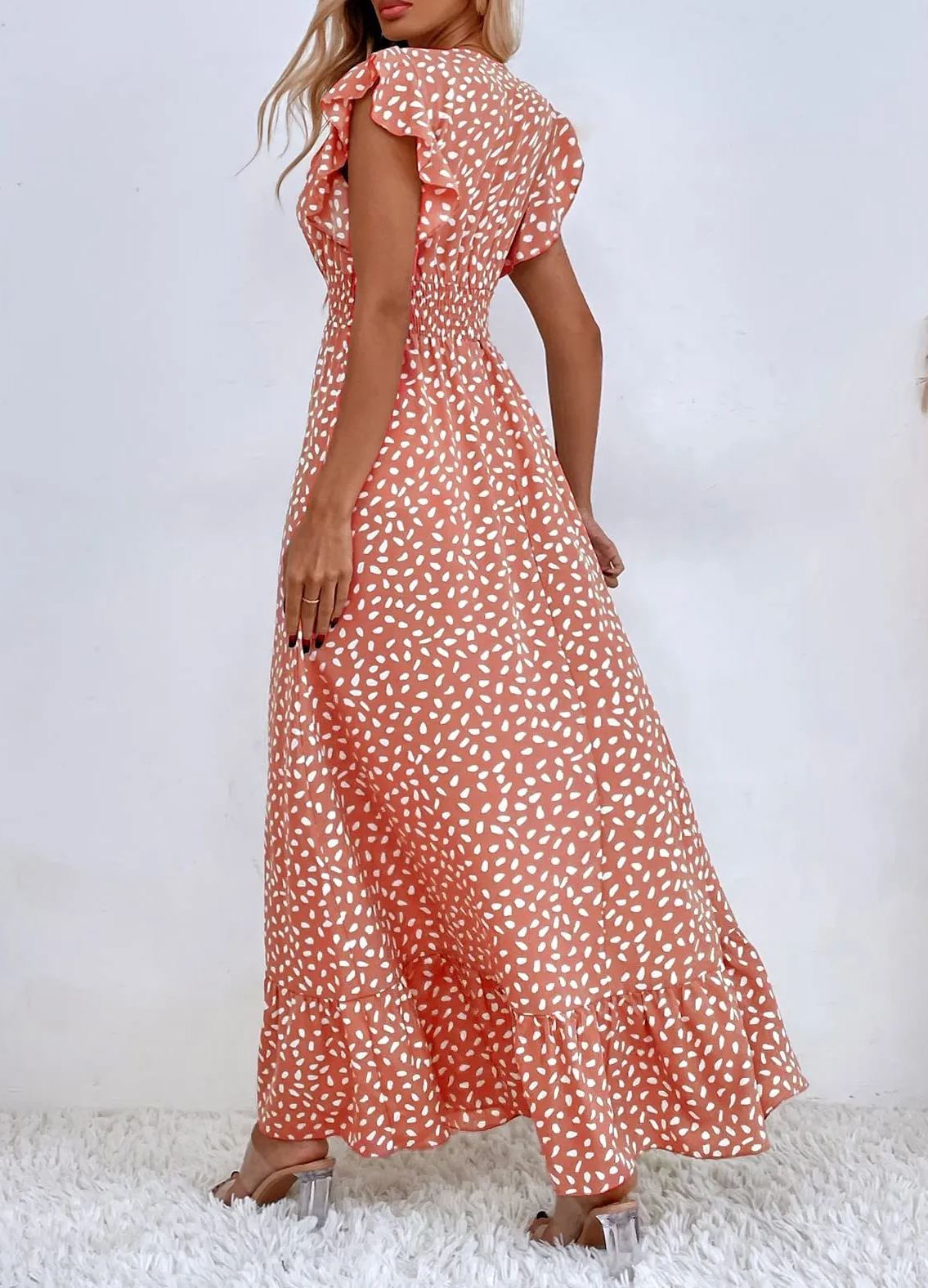 Print Ruffle Sleeve V Neck Maxi Dress