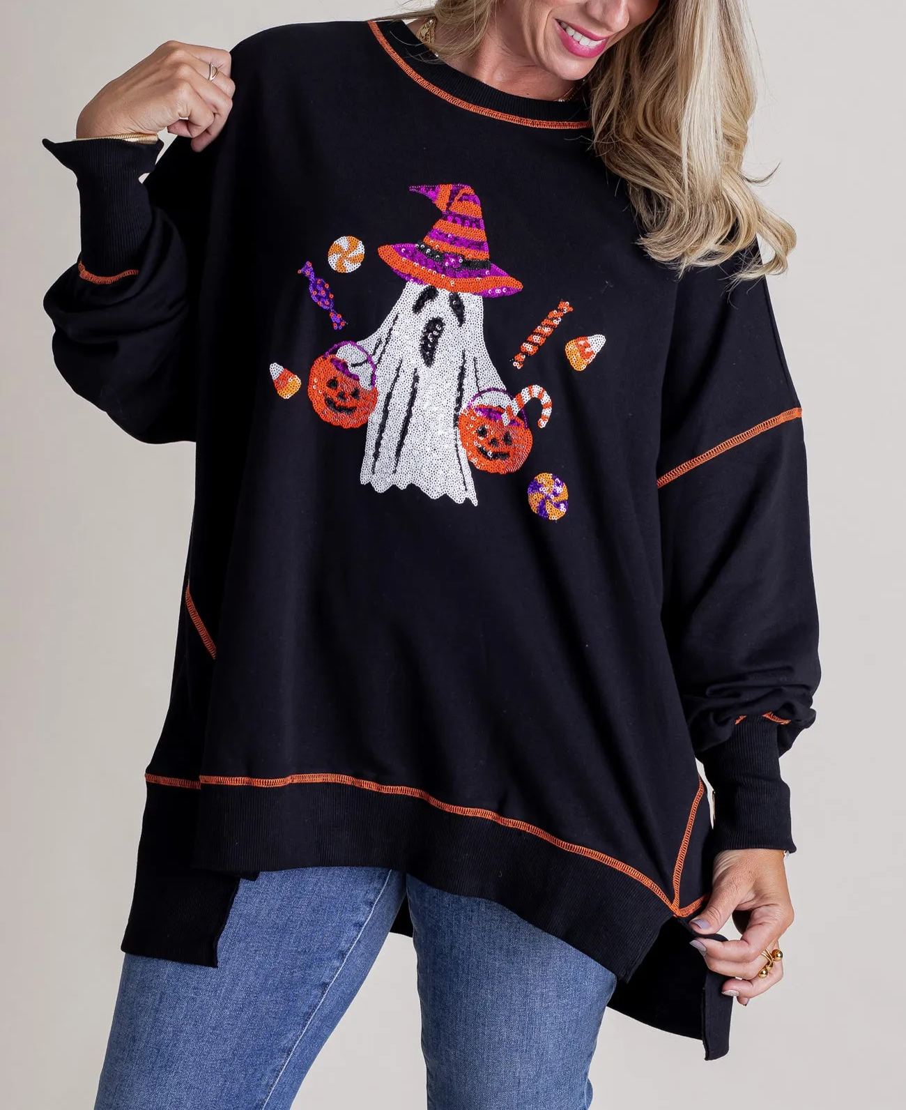 Women's Sequin Pumpkin Wizard Halloween Sweatshirt (Buy 2 Free Shipping)